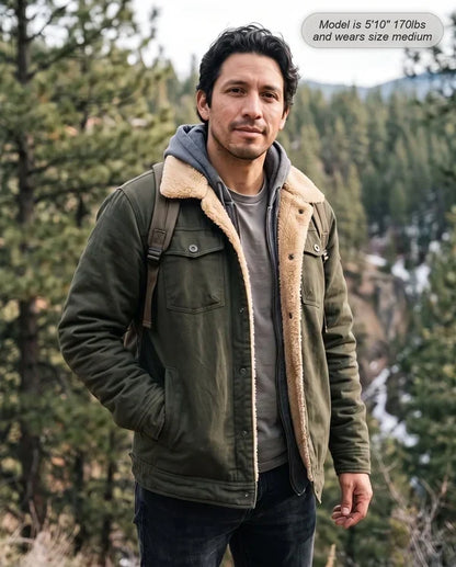 Men's Sherpa-Lined Trucker Jacket – Fleece Cotton Coat in Khaki