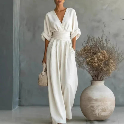 Women's V-Neck High Waist Wide Leg Jumpsuit