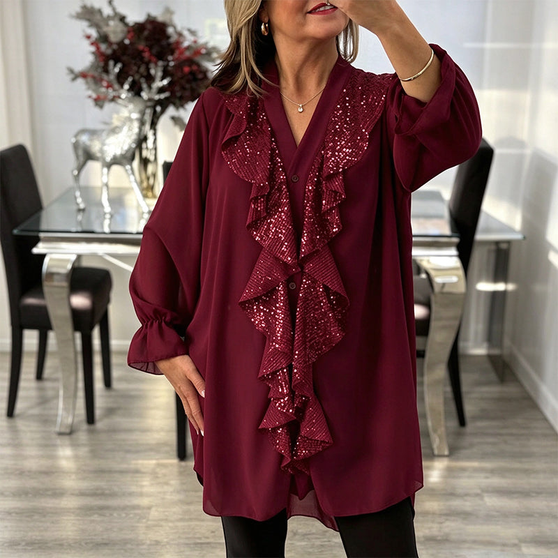 Women's V-Neck Sequin Spliced Chiffon Top